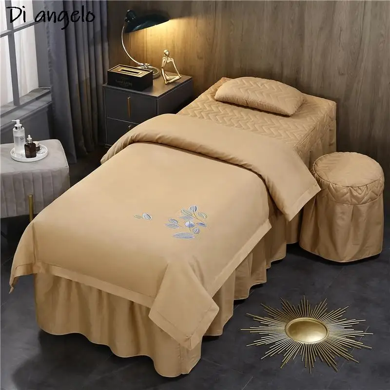 

Custom Size Logo Embroidery Beauty Salon Bedding Set Bed Linen Sheet Massage Spa Bedskirt Stoolcover Pillow Quilt Cover 4-6PCS#s