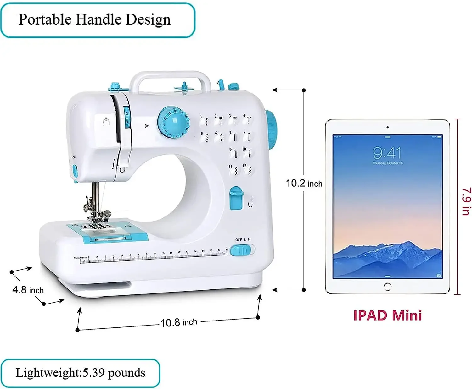 Electric Blue 505 Portable Sewing Machine for Beginner and Kids，Sewing Machine with 12 Built-In Stitches,2 Speeds Double Thread