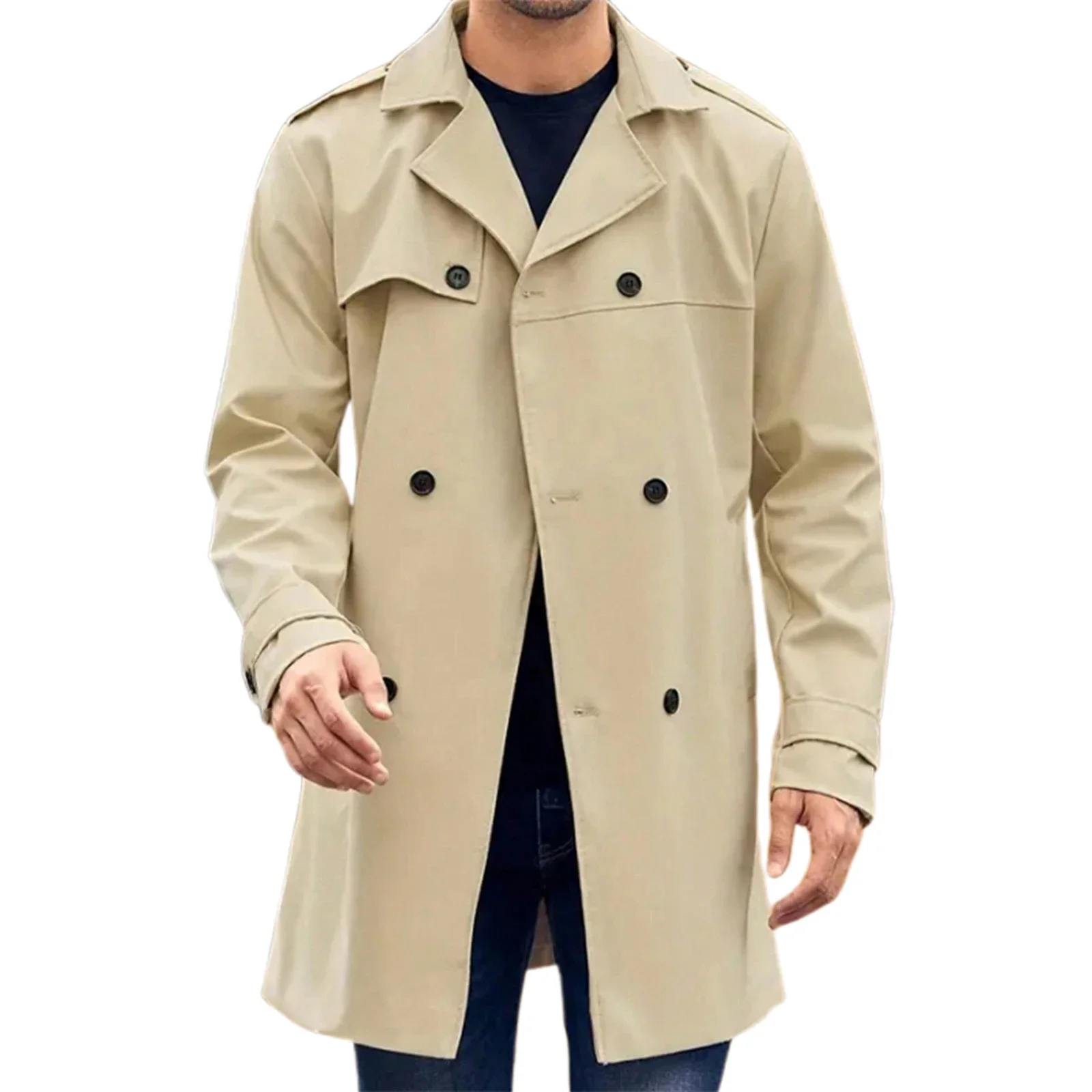 Moda masculina manga longa lapela gola duplo breasted jaquetas sólidas outono jaqueta casual outwear 2024 inverno trench coat masculino