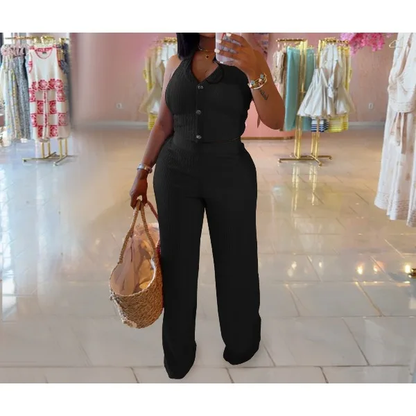 

2 Piece Set Women Outfit Sleeveless High Neck Cargo Pockets Design Top & Casual High Waist Cuffed Long Pants Suits 2025 Summer