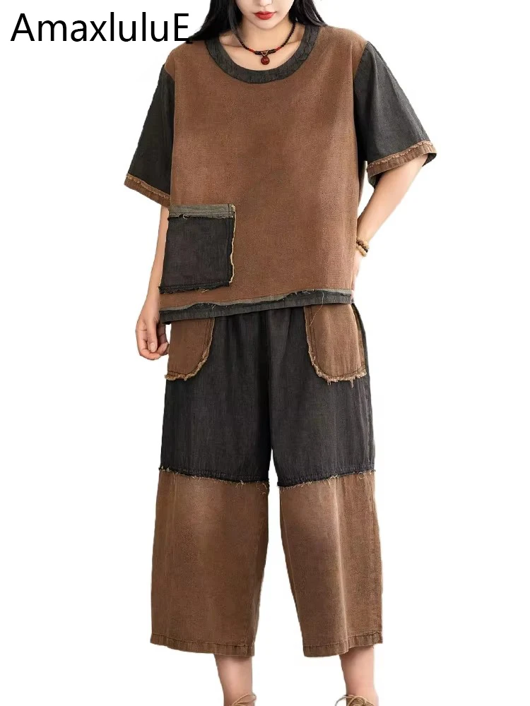 

Amax luluE 2024 Summer Womens Vintage Design Tops And Pants Denim Two Pieces Sets Fashion Loose Outfits Classic Casual Tracksuit