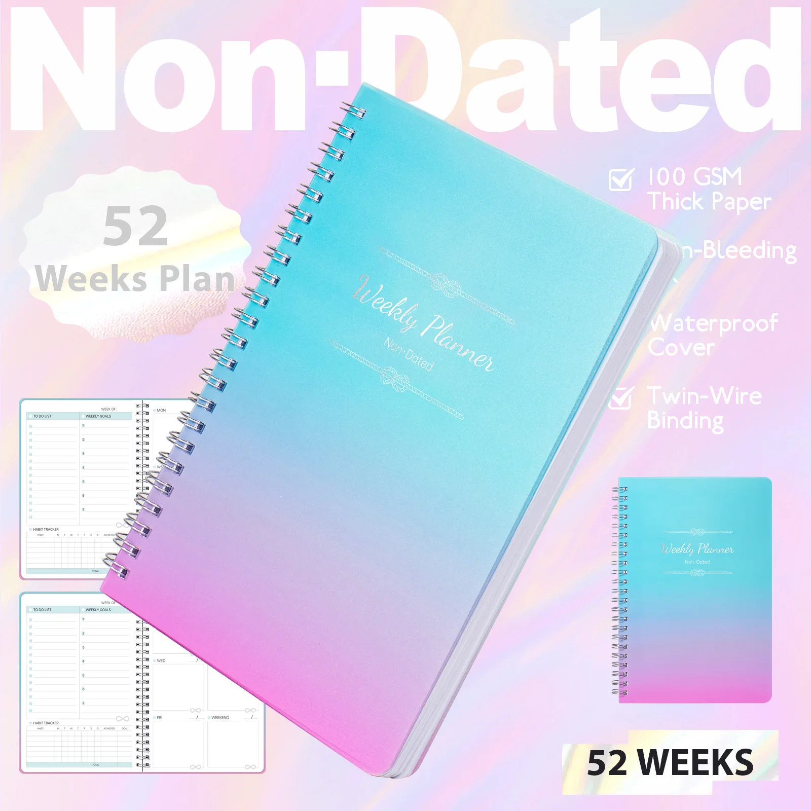 مخطط A5 غير مؤرخ 104 صفحة دفتر حلزوني 52 أسابيع جدول أعمال يومي أسبوعي جداول الطلاب القرطاسية مكتب اللوازم المدرسية #1