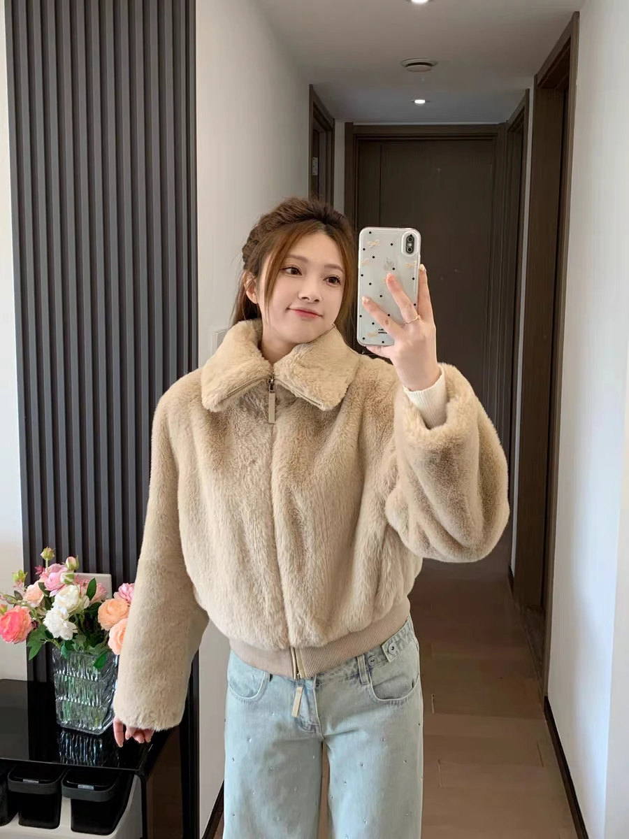 

Теплый меховой топ с высоким воротником, женский осенне-зимний модный топ, женский свободный крой, цвет с застежкой-молнией