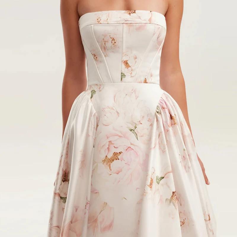 

Robes Fashion Floral Print High Waist Maxi Dress Womens Sexy Strapless Loose Hem Long Dress Summer Backless Lace-up Boho Dresses