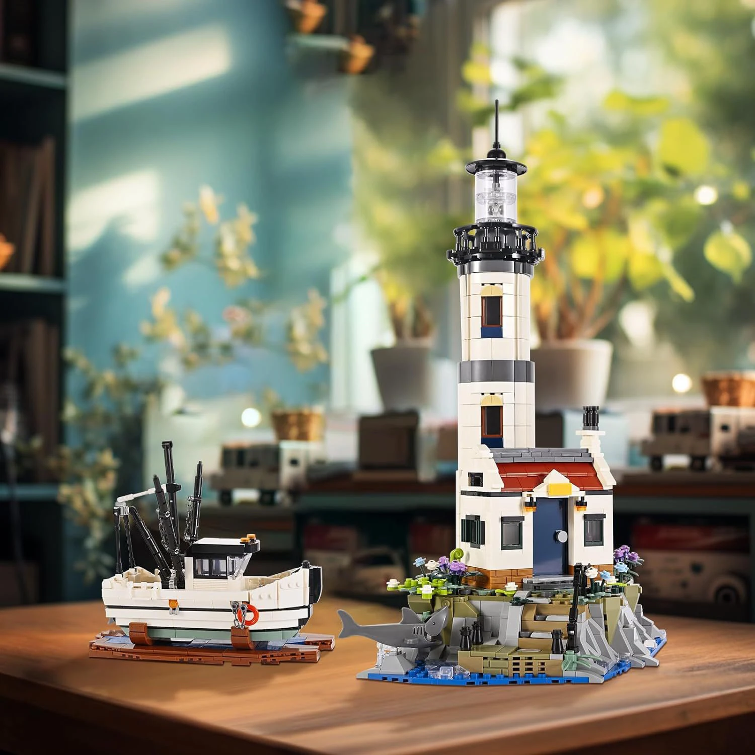 

Electric lighthouse set - Fishing rescue boat. Lighthouse model building blocks. With lighting effect. Children's toy.