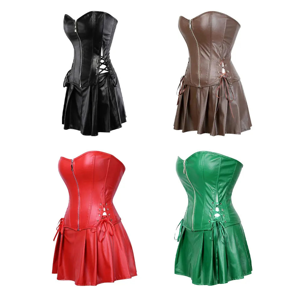 

Women Leather Corset Dresses Zipper Gothic PU Leather Corset Faux Leather Corset Top Sexy Ladies Eyelet Up Pleated Dress Corsets