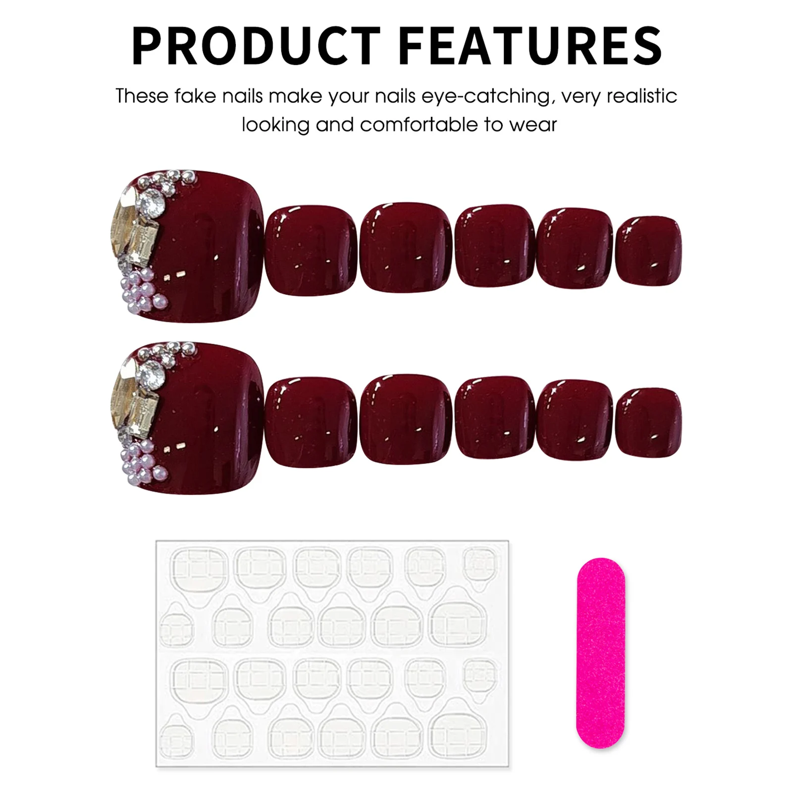 Presse à la main sur les ongles 12 pièces strass rouge faux ongles court carré bordeaux paillettes photothérapie faux pieds ongles portable