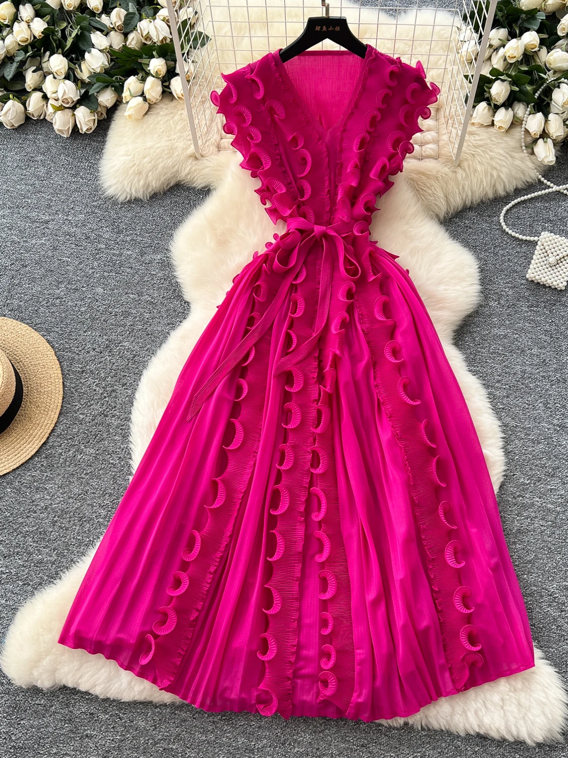 Rétro plissé été Dr femmes Faionable 2025 taille haute a-ligne jupe Midi ruban Svel taille cintrée longue Dr