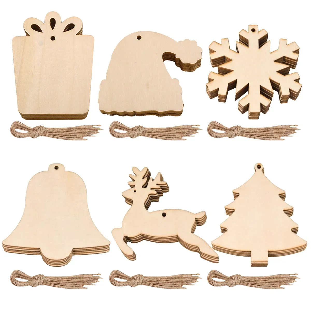 

10pcs Wooden Christmas Tree Shape Cutouts Crafts Natural Wood Hanging Ornaments with Twines for Christmas Home Party Decoration