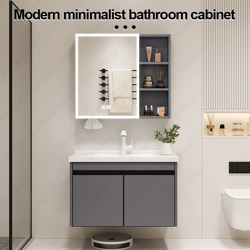 Mueble con espejo de tocador para baño minimalista moderno, mueble multifuncional integrado, lavabo artístico de cerámica, muebles de baño