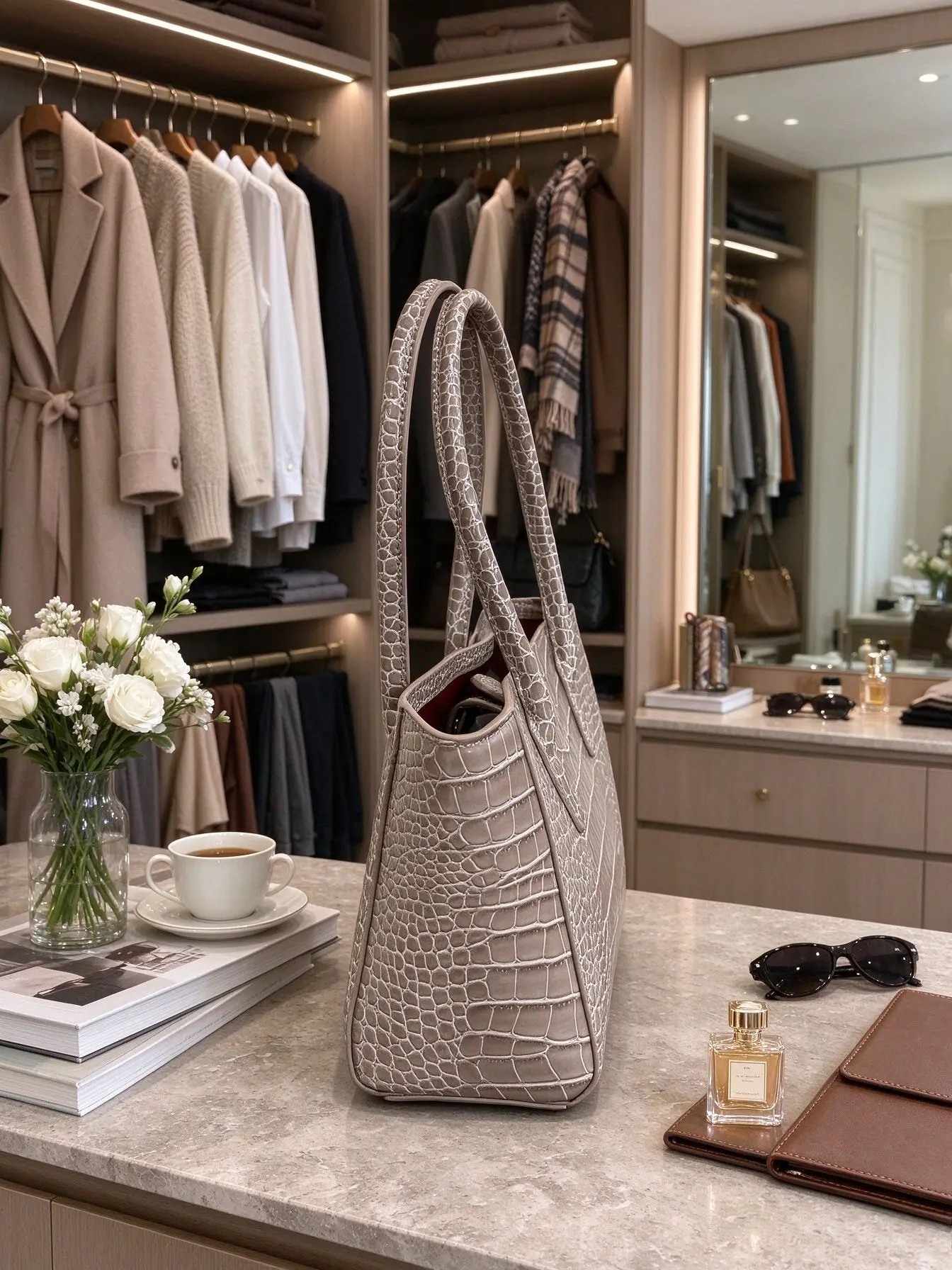 Elegant Ladies Large Croc‑Pattern Tote Bag Embossed Faux Leather Open Top Design With Metal Chain Pendant Big‑size Purse For Business Commute Travel