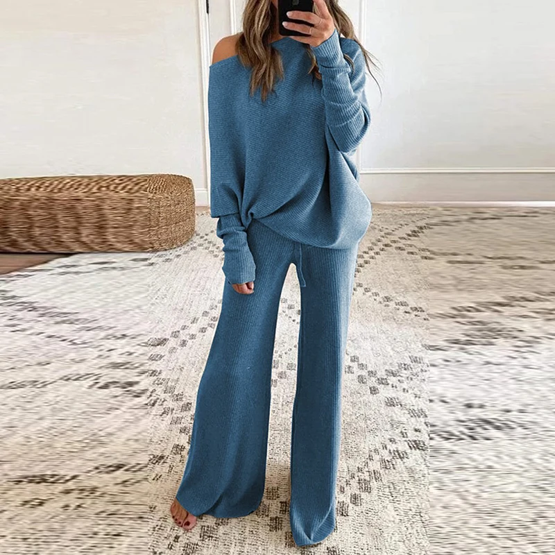 Casual Women Solid Color Elegant Two Piece Sets Winter Elegant O-Neck Pullover Tops and Loose Pants Suits Female Rib Streetwear