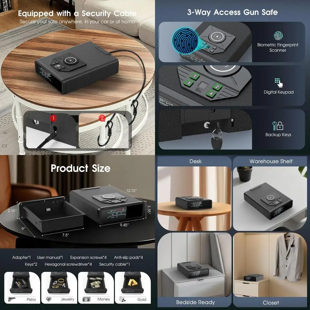 

Биометрический сейф для пистолетов с беспроводной зарядкой и замком 3-в-1 с отпечатком пальца и кодовой панелью для хранения пистолетов