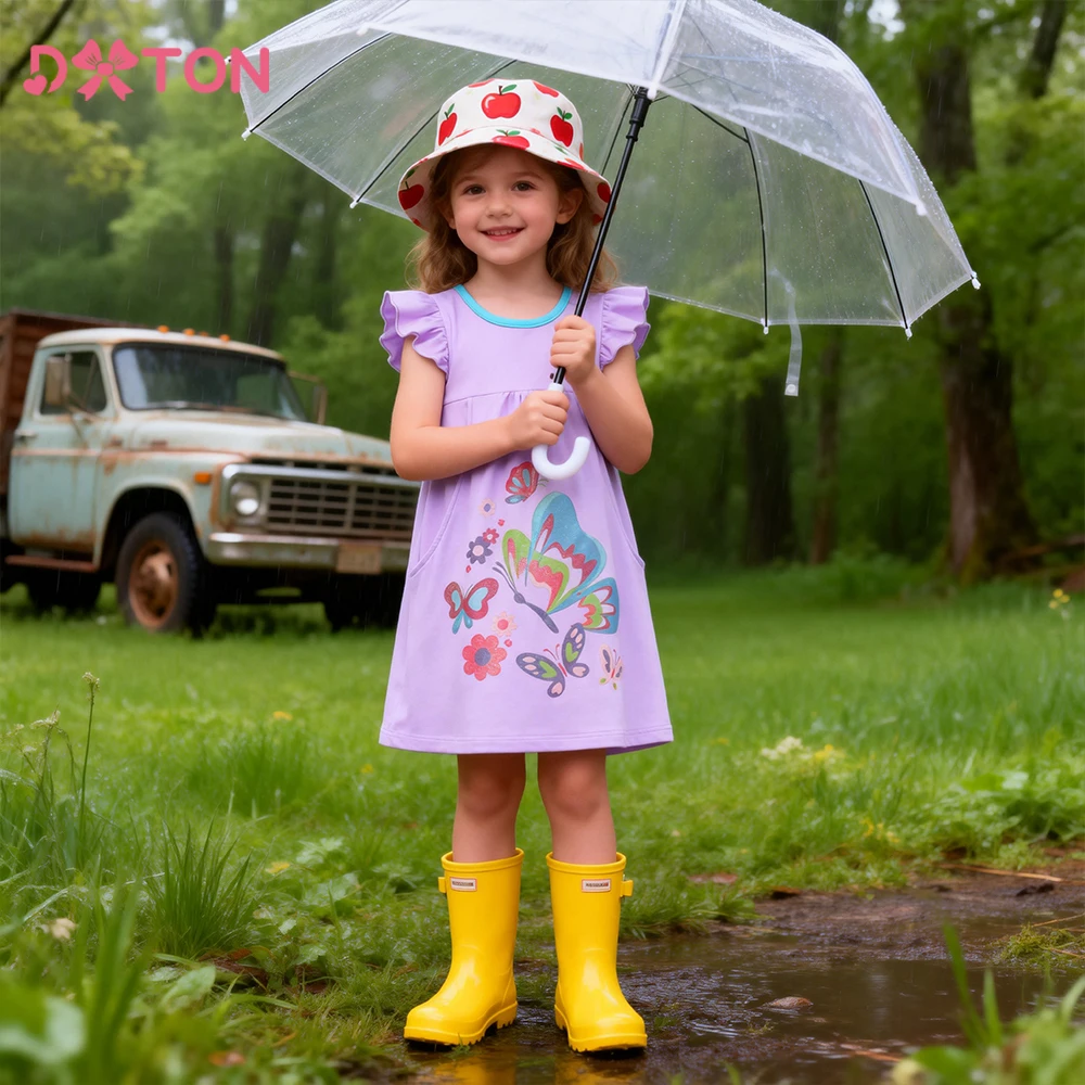 

DXTON Children Daily Dress Ruffles Sleeveless Cotton Girls Dress with Pocket Butterflies Summer Vacation Kids Casual Dress 3-10Y