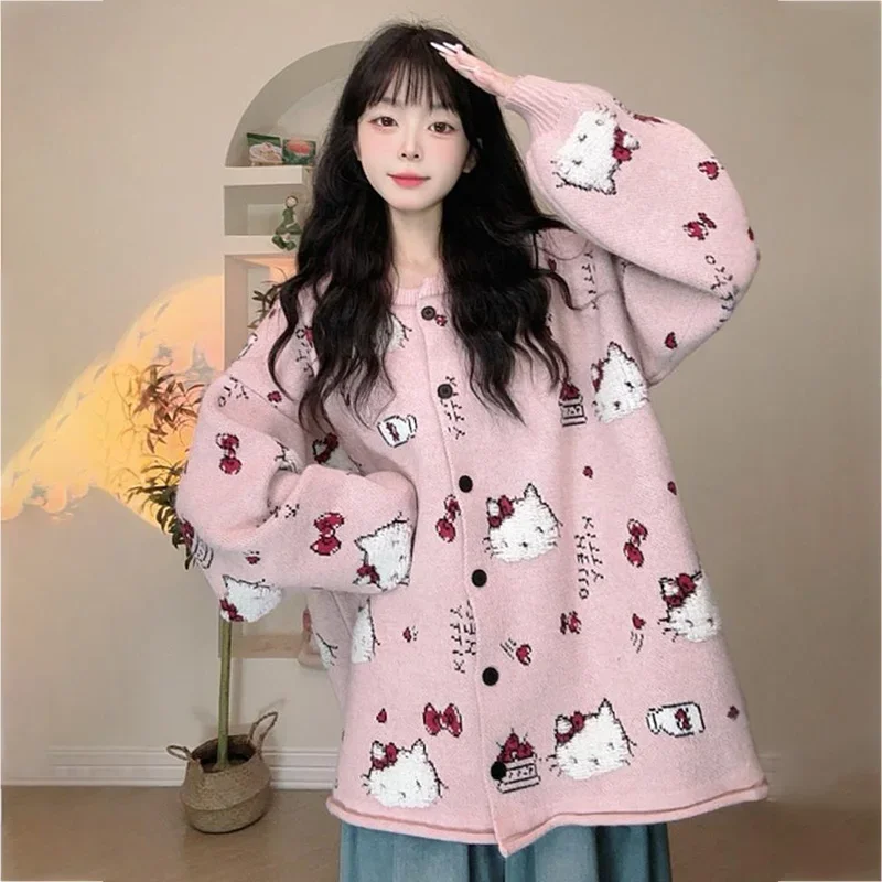 Hello Kitty Long Sleeved Cardigan Sweater Kawaii Cartoon Sweet Jacquard Knit Round Neck Casual Loose Versatile Jacket Women Y2k