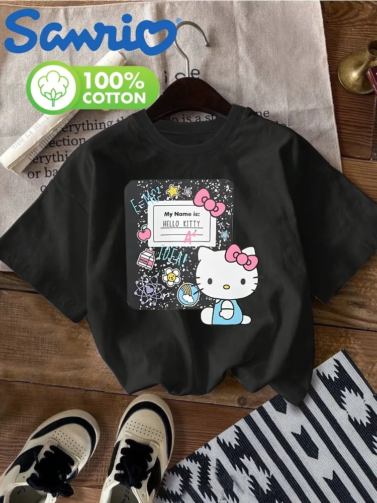 Hello Kitty Sanrio bedrukt dames T-shirt modieus ronde hals korte mouw casual top plus size katoenen shirt romantisch T-shirt