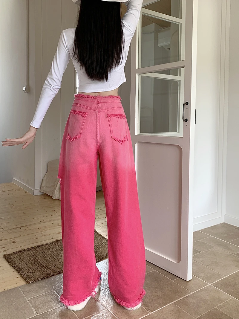 Calça jeans folgada com letra rosa vintage feminina, calça bainha áspera, com cordão de cintura alta, estilo americano, Y2k