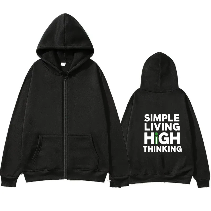 Men's Hooded Jacket Black Simple Living High Thinking Printed Streetwear Casual Outwear for Daily Wear and Outdoor Activities