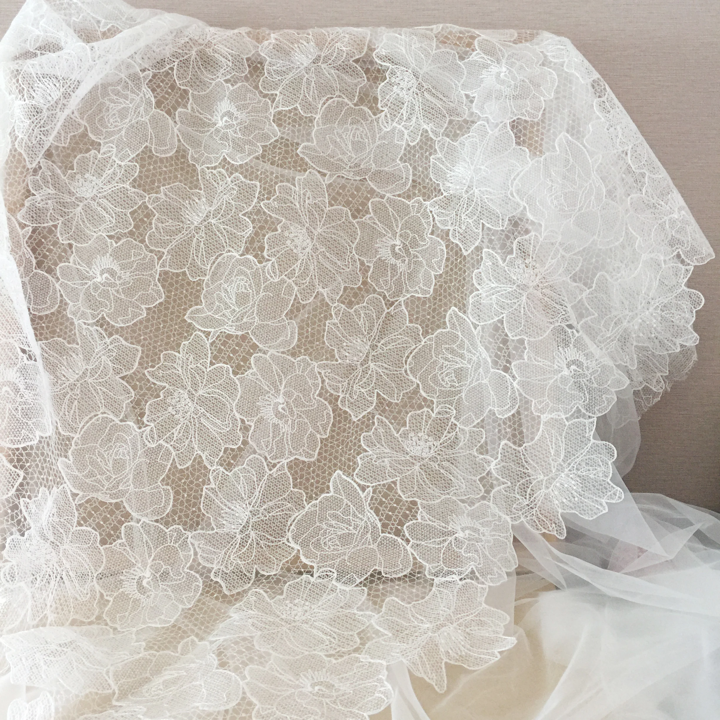 1 Yard Off White Alencon Lace Fabric with Rose Flower Floral Emrboidery Fabric for Wedding Gown, Lace Caps Prom Dress