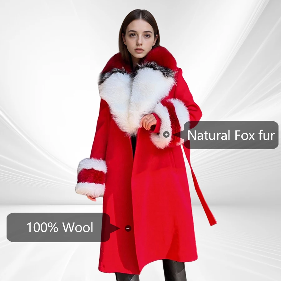 جديد معطف من قماش الكشمير مع حقيقية الثعلب الفراء طوق الأصفاد المرأة جواكت شتوية ريال فوكس الفراء معاطف فاخرة الصوف يمزج معاطف