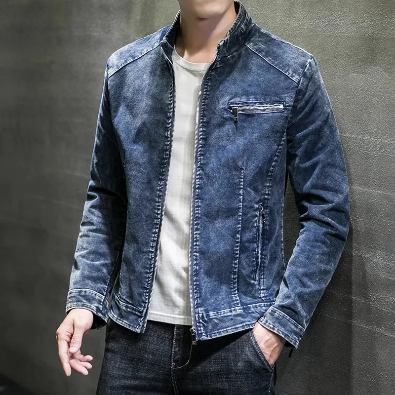 Autumn Denim Jacket Men Vintage Casual Cotton Stand Collar Jean Outwear Male Slim Streetwear Denim Coats Motorcycles Zipper Tops