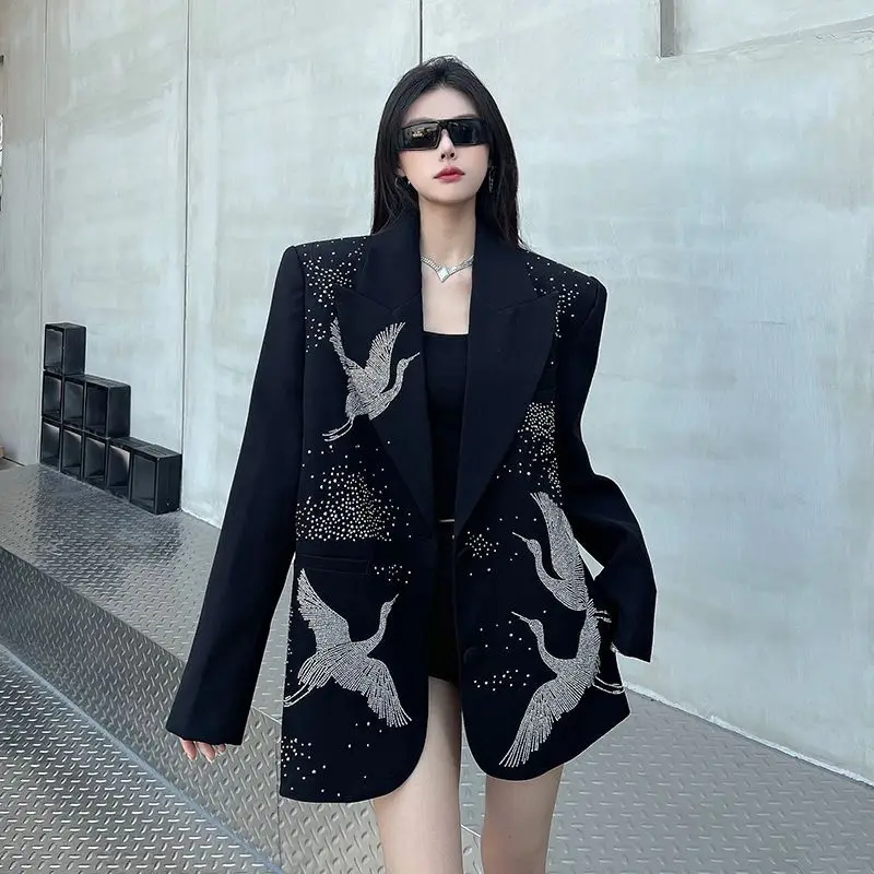 Black Premium Heavy Industry Hot Diamond Blazer Women's Spring and Fall New Light Luxury Loose Shoulder Padded Suit Top Blazers