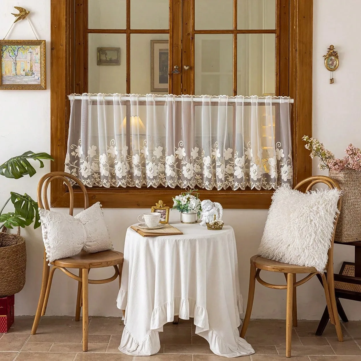 1pc Pastoral Delicate Floral Embroidery Sheer  Window Curtain, Rod Pocket Design,  For Living Room, Bedroom, Balcony, Kitchen