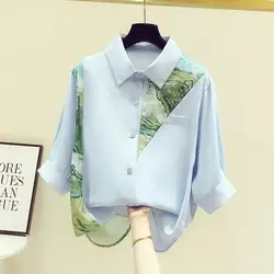 Street Casual Blouses Irregular Printing Shirts Summer Office Lady Turn-down Collar Tops Ladies Temperament Women's Clothing