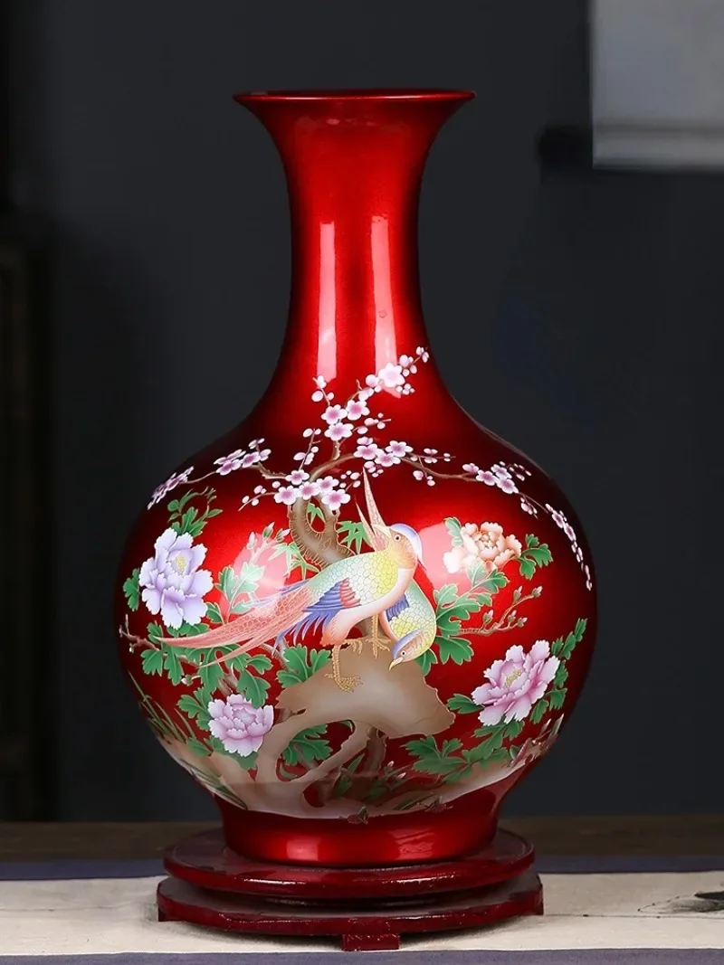 Red Porcelain Crystal Glaze Flower Vase Chinese Home Decoration for Living Room Bedroom Office Study Wedding Housewarming Gift