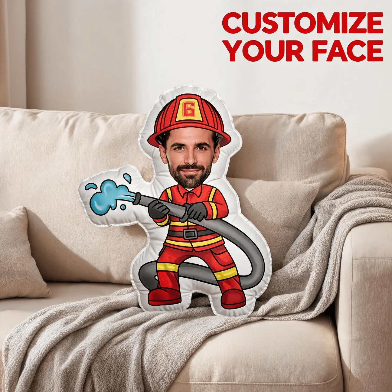 Custom Firefighter Photo Shaped Pillow, Personalized Face on Cartoon Fireman Uniform Holding Hose, Unique Decorative Cushion for