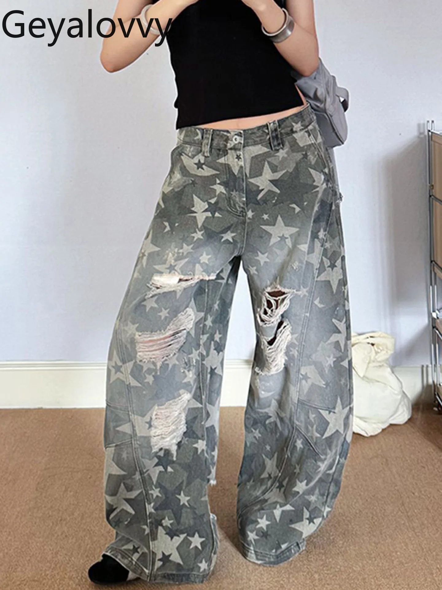 

Retro Style Ripped Jeans Spring and Summer Design Sense Thin Wide Leg Pants Fashion Casual Loose Women's Denim Trousers