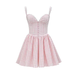 Women Summer Plaid Sleeveless Brigitte Strawberry Shortcake Gingham Corset Mini Dress