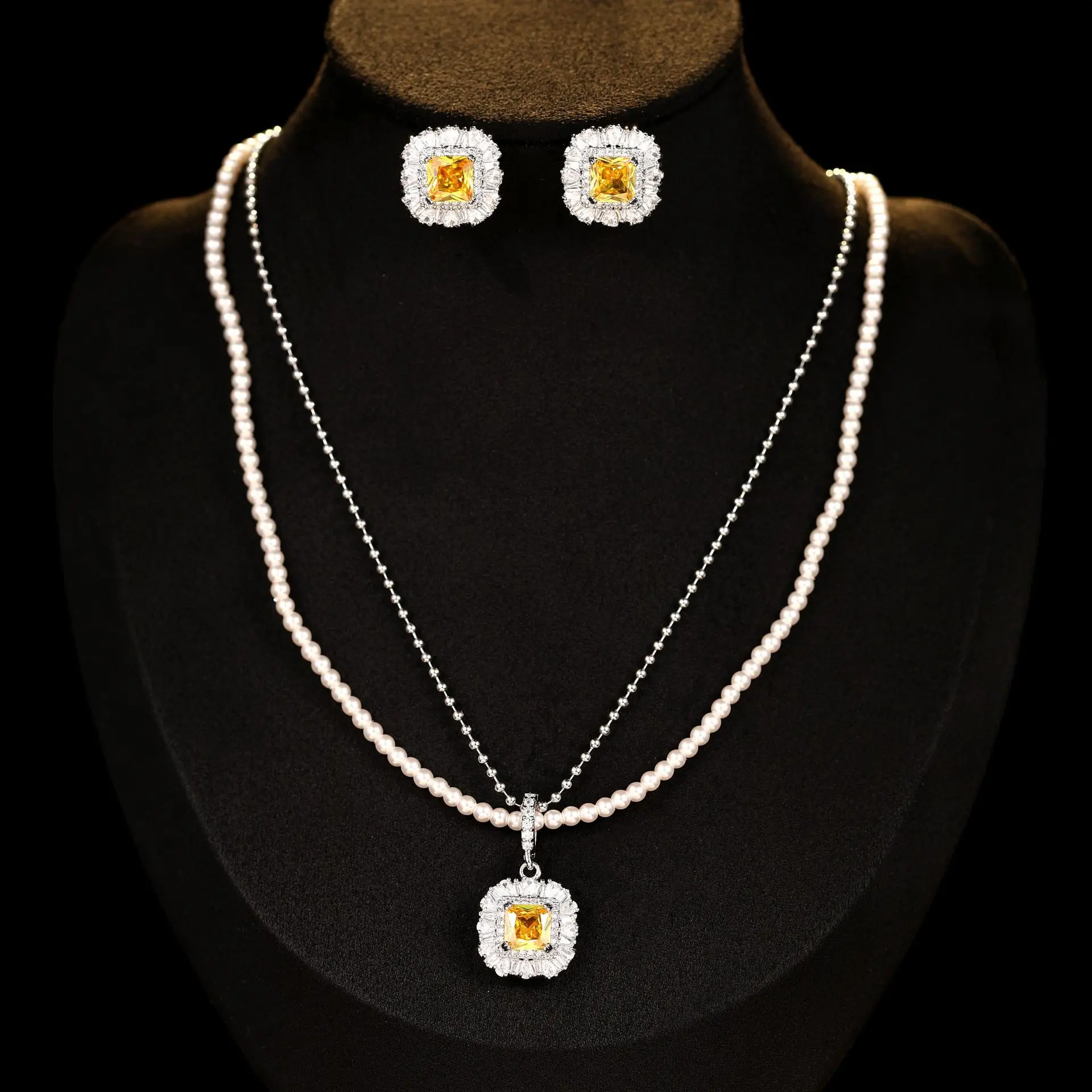 

elegant jewelry sets choker necklace stud earrings yellow blue green square pendant daily wear party