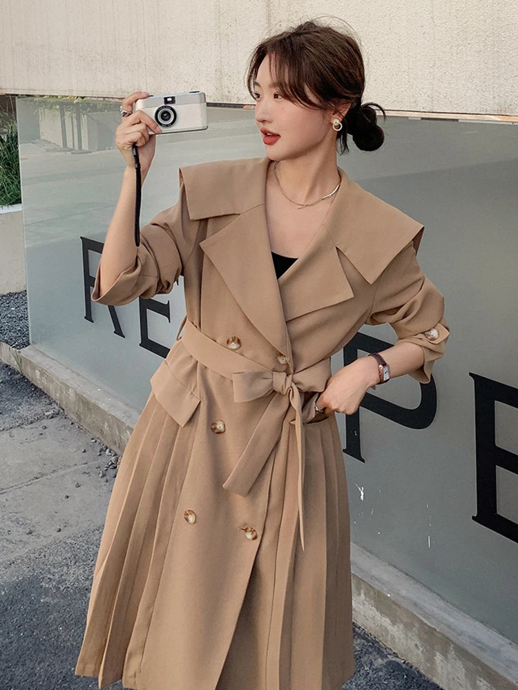 LANMREM Designer Trench Coat For Women Double Breasted Long Sleeves Spliced Belt Fold Coats Fashion Clothing 2023 New 2YA3542