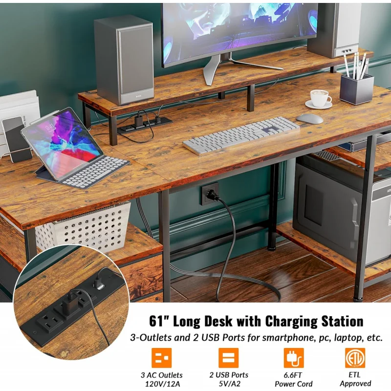 61 Computer Desk with Power Outlet and LED Lights, Desk with Fabric File Cabinet Drawer, Large Reversible Table with Shelves an