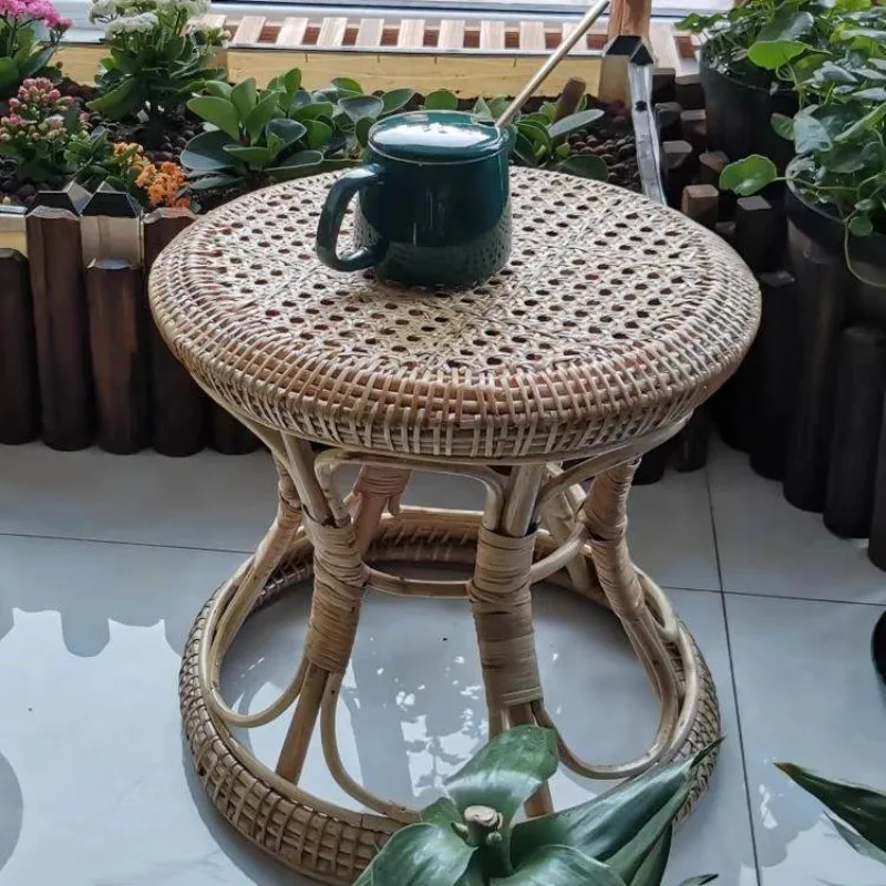 Handmade Rattan Ottoman Stool, Boho Woven Round Pouf for Living Room, Vintage Natural Fiber Floor Cushion, Accent Seating