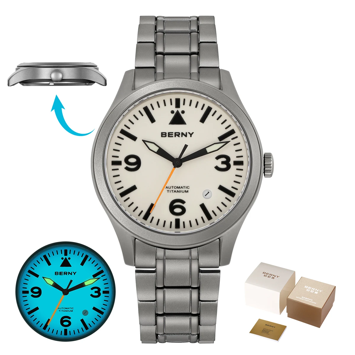 BERNY Volledig titanium automatisch horloge voor heren Saffier AR gecoat 10Bar Avondmaal Lichtgevend herenhorloge Sport Luchtvaart Herenhorloges
