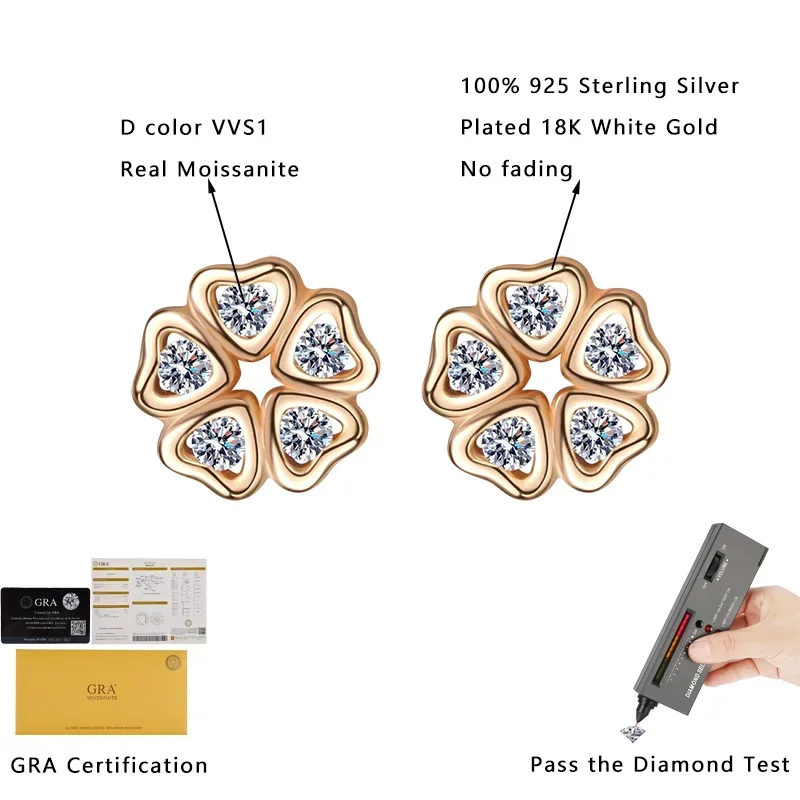 HORRIPAL D VVS1 Flower Stud Earrings Moissanite for Women S925 Sterling Silver GRA Fashion Party Elegance Luxury Fine Jewelry