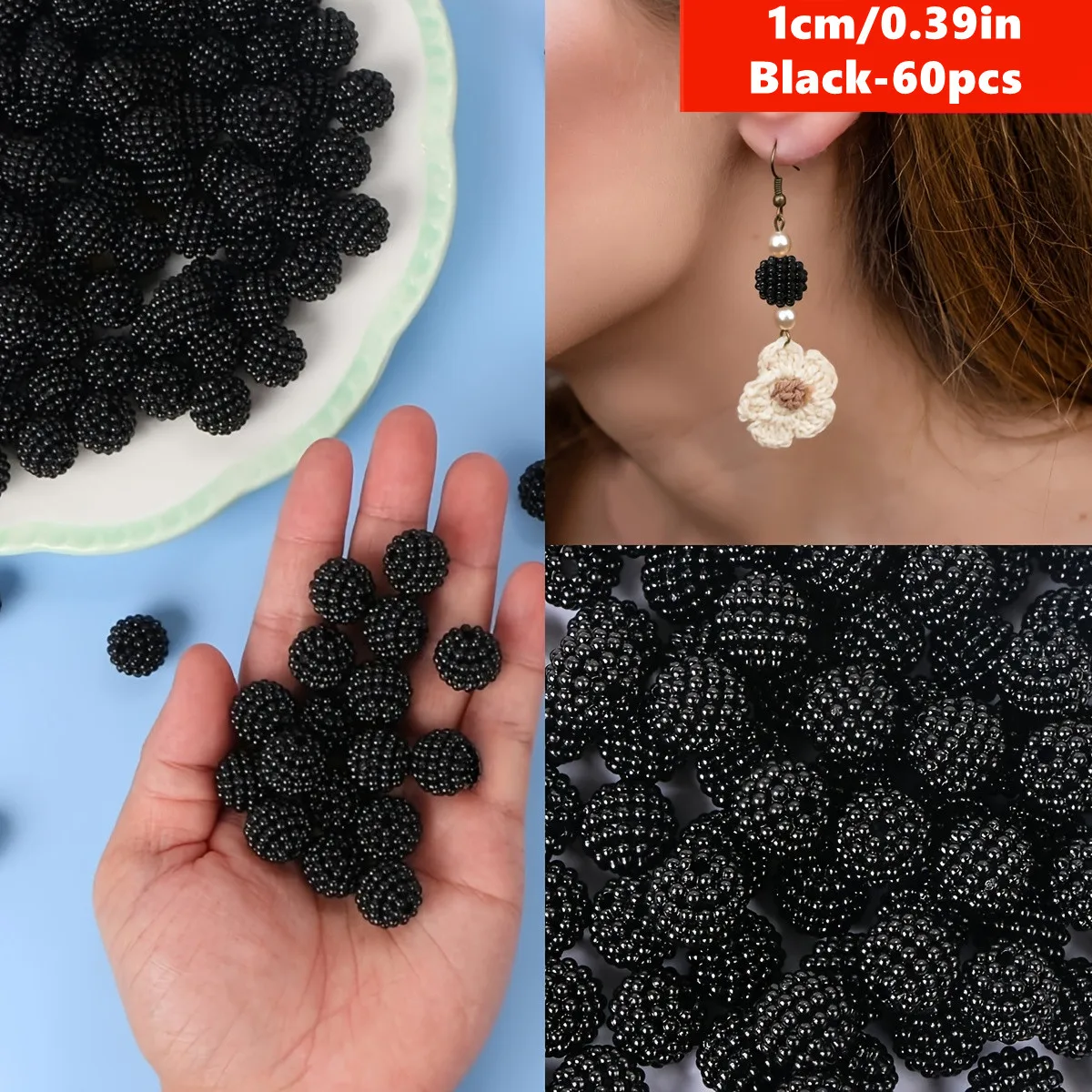 60pcs 10mm Acrylic Black Bubble Beads, Yangmei Balls, Imitation Round Berry Balls, Perforated Loose Beads, for DIY Making