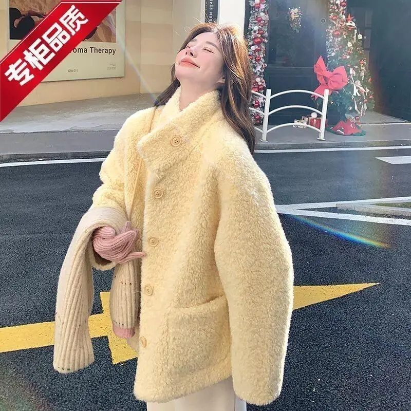 

Women Winter Coat Autumn Winter Simple Cream Yellow Lamb Wool Coat Women Petite Korean Loose Warm Super Nice Cotton