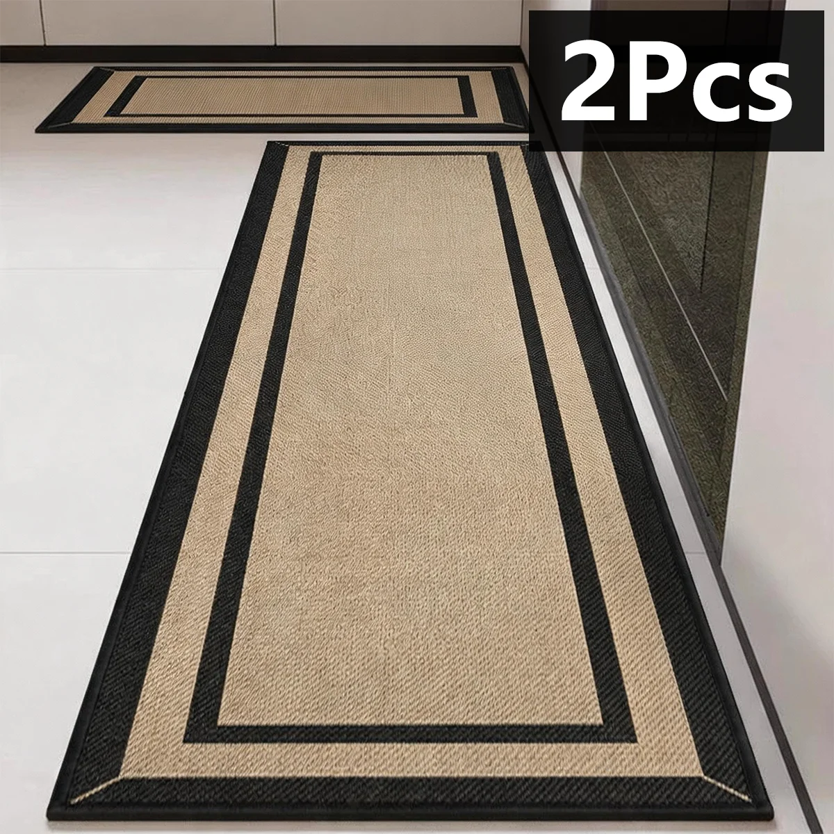 2-Piece Kitchen Mat Set, Woven-Look Square Floor Mats with Absorbent Surface and Non-Slip Rubber Bottom for Kitchen, Toilet and Doorway