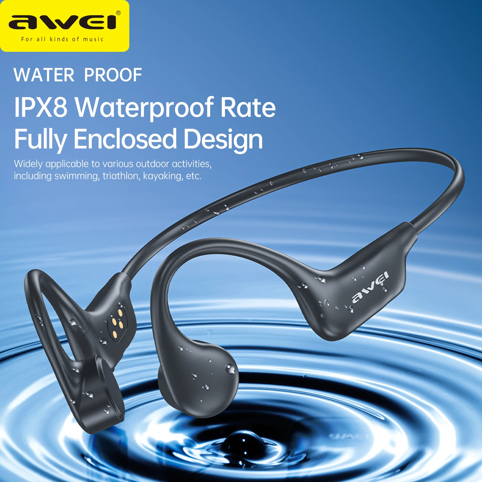 

Awei A899 Bone Conduction Sports Bluetooth Headset IPX8 Waterproof headset Built-in 32G memory Swimming headset Diving depth of