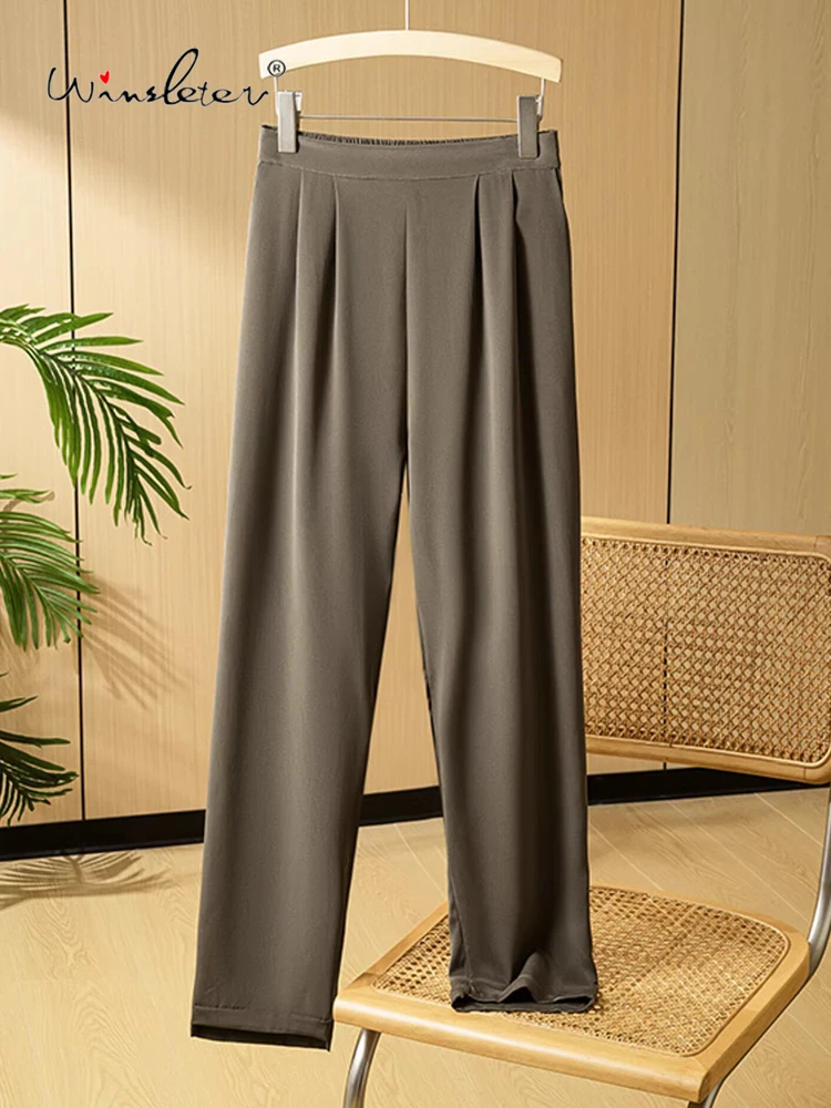 

Winsleter-93%Silk 7%Spandex Elegant Trousers, Elastic Waist Pocket, Women Versatile Casual Straight Pants, 2026 Summer B64569CC