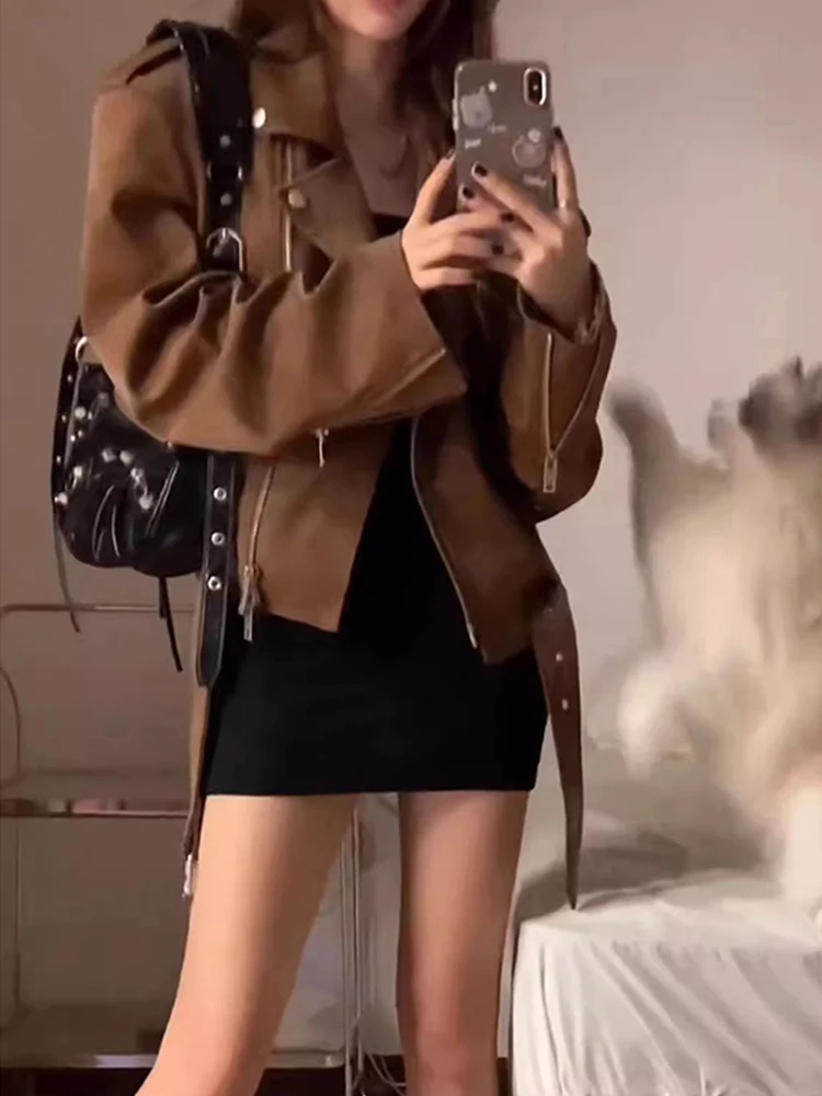 American Retro Brown Leather Jaet Women's Autumn 2025 Trendy Small Size Ele High-End Feel Motorcycle Biker Jaet