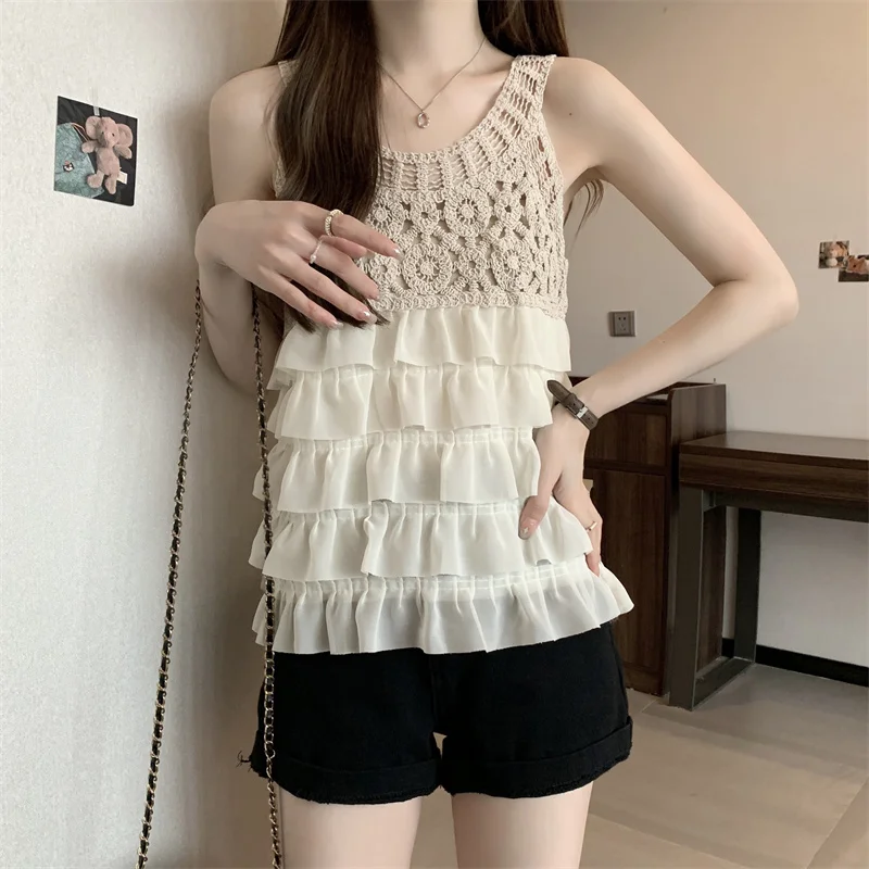 Summer Sleeveless Hook Flower Hollow Out Blouse Women Patchwork Chiffon Shirt Ruffles Knitted Vest Tops