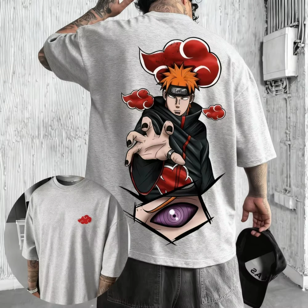 Miniso Naruto Akatsuki Cloud Print T-Shirt Men's Black Cotton Streetwear with Red Clouds & Purple Rinnegan Design Anime Cosplay