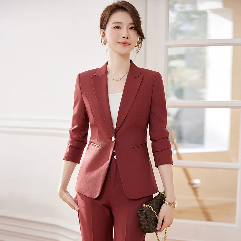 

2024Spring and Autumn New Wine Red Long Sleeve Professional Simple Small Suit Collar Jacket Women's Pants Two-Piece Suit