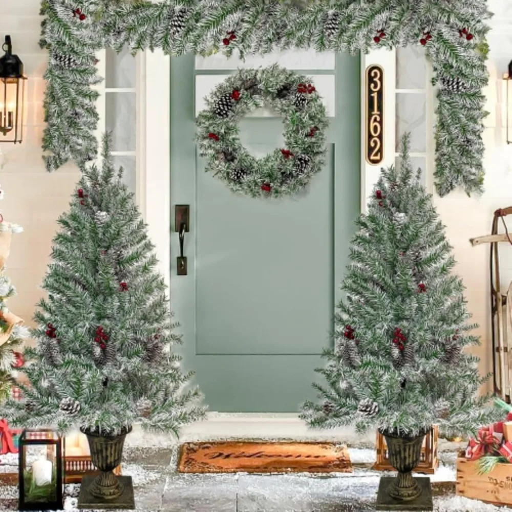 Pre-lit Christmas Tree 4-Piece Set, Garland, Wreath and 2-Piece Entryway Tree with LED Lights，Christmas Holiday Decorations