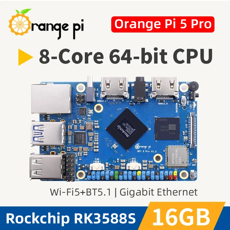 Orange Pi 5 Pro Rockchip RK3588S 16GB RAM DDR5 Gigabit Ethernet WiFi+BT BLE SBC Single Board Computer Mini PC Development Board