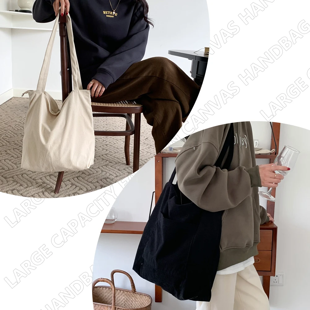 Corduroy Girls Shopping Bag Shoulder Bags Solid Color Multi Pocket Canvas Women's Handbag Book Bag Preppy Style Simple Bag Bolsa